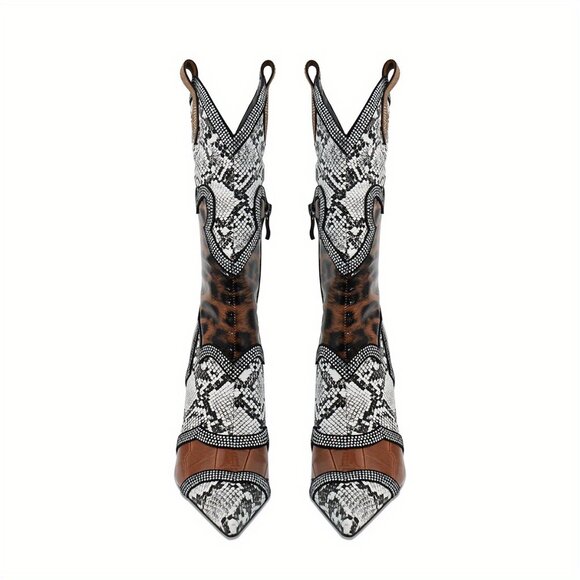 Women's slim high heels, color blocked rhinestones, winter midsole boots - Picture 4 of 7